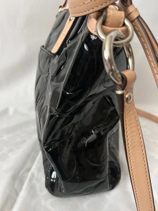 Coach Black Patent Leather w/ Tan Leather Trim Tote Shoulder Bag Purse ♥️♥️ - Picture 5 of 13